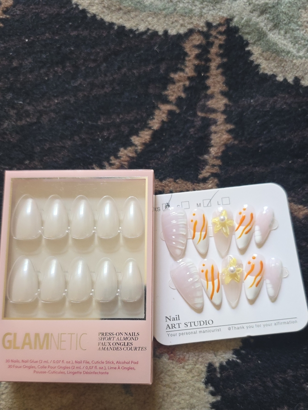 GLAMNETIC White & Peach Almond Press-On Nails with Floral Accents